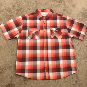 Red, maroon and white button down.